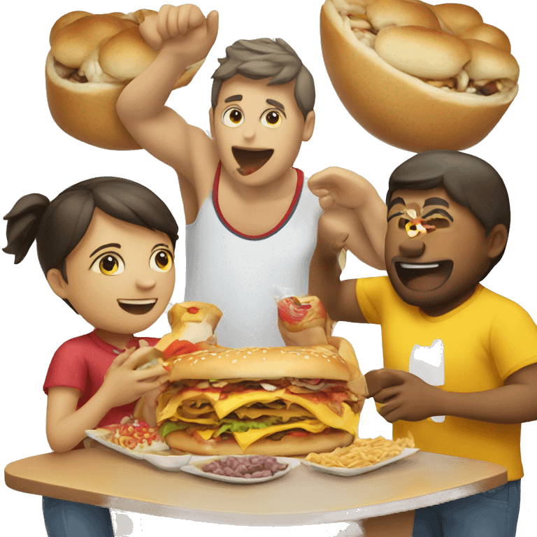 An emoji representing a food competition with three participants: a large person, a medium-sized person, and a small person, all competing in a fun and lively eating contest emoji