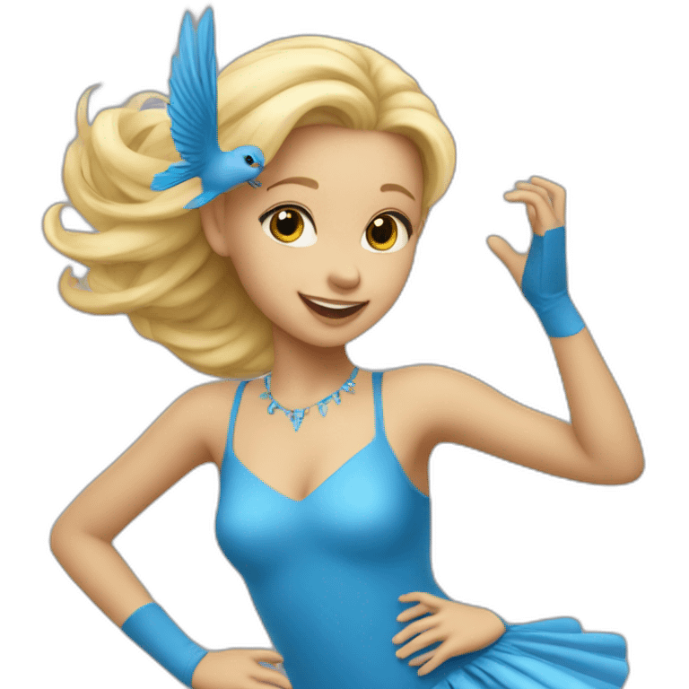 little blonde girl dancing in a blue bird costume emoji