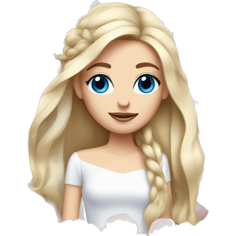 White bride with long light blonde hair and blue eyes with light pink peonies in hair white skin  emoji