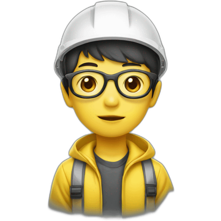 chinese boy with very thick lip small eyes with glasses wearing yellow rain jack and white safety helmet emoji