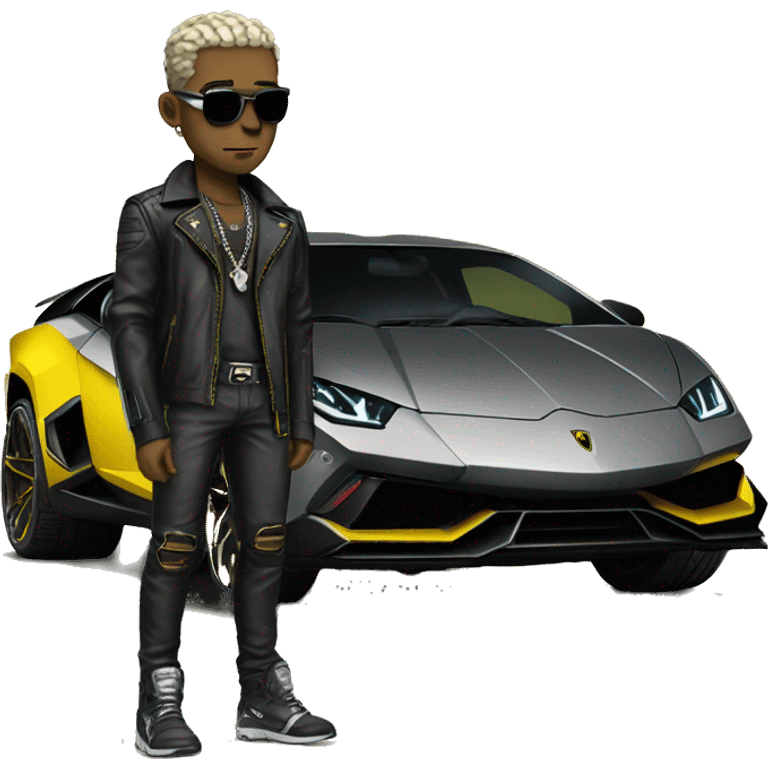 male cyber punk in front of Yellow Lamborghini  emoji