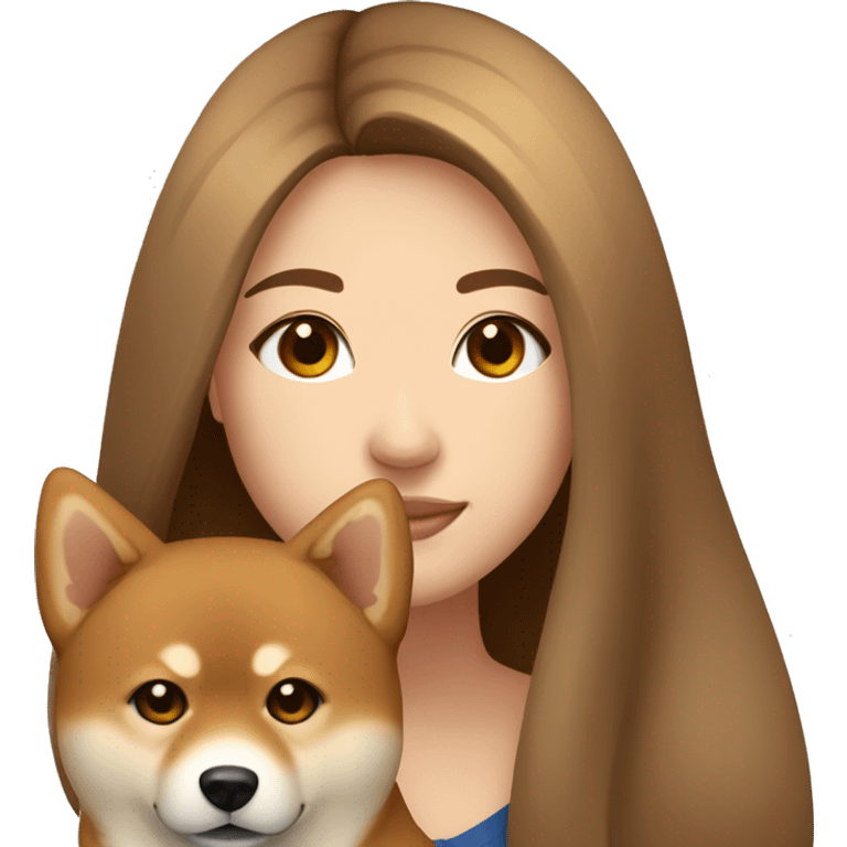 beautiful woman, straight long light brown hair, brown eyes smiling with dog Shiba Inu emoji