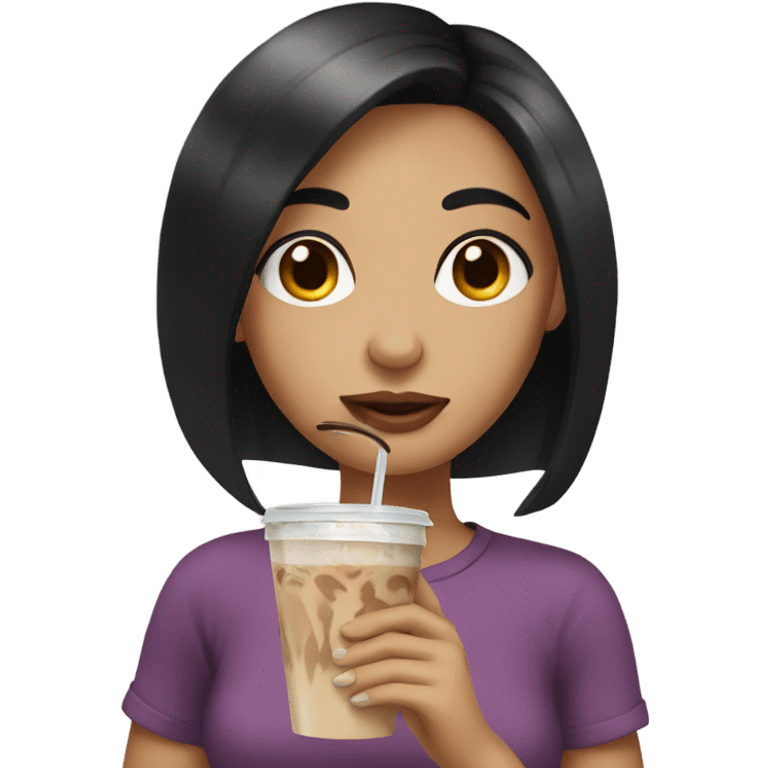 Girl with black hair drinking iced coffee emoji