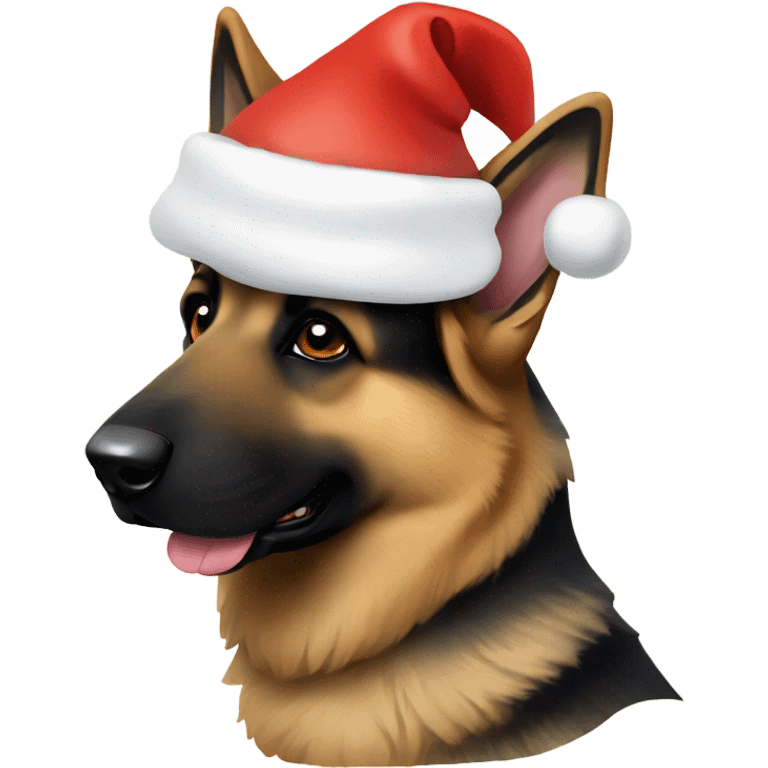 German shepherd doing a head tilt with a Santa hat emoji