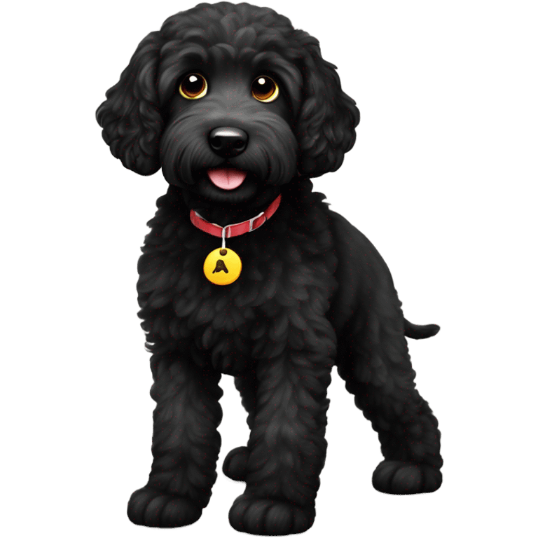 Little black labradoodle with a Hugo tag emoji