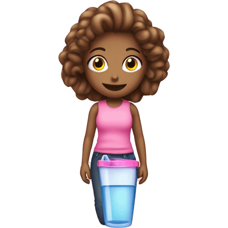 Girl takig phto with pink tumbler water bottle , emoji