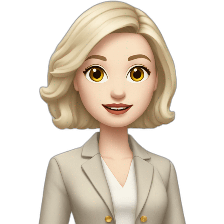 pale skin woman with ash blonde Straightened bob Hair, White Spacious classical jacket, beige palazzo Arrow pants and gray blouse holding a color palette in the hands emoji