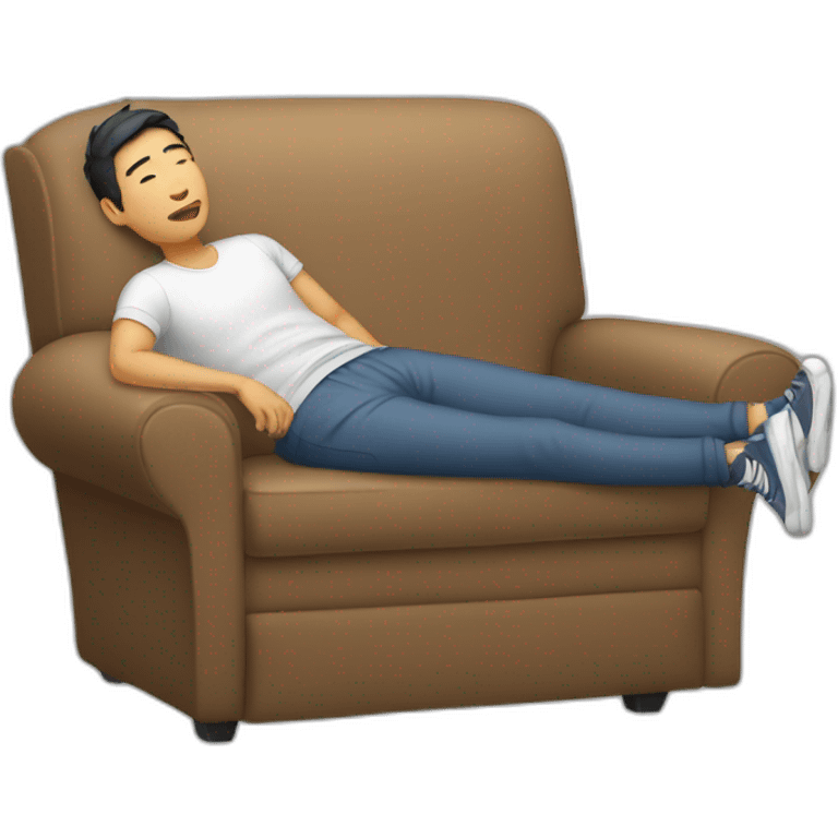 an asian man in sweatpants lying on a coach emoji