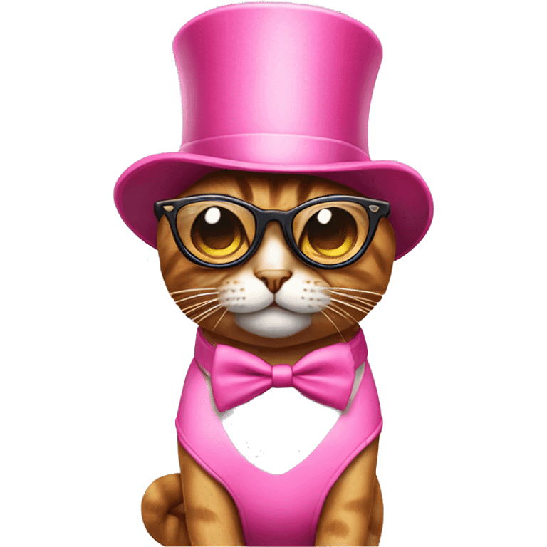 Cat wearing a pink bikini with a top hat and cool glasses emoji