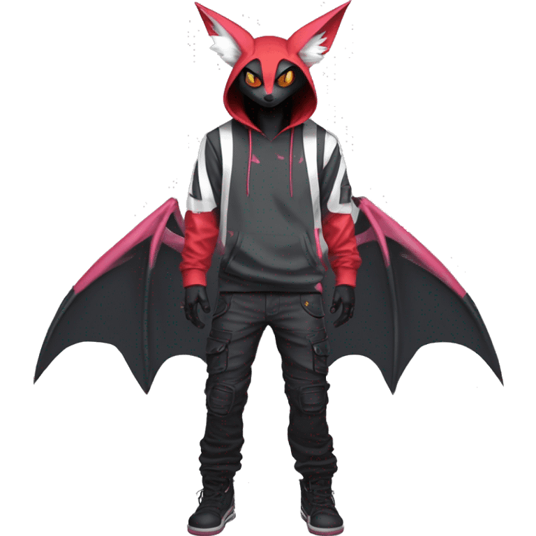 Dark Unique Anthro Cool Kawaii Horned Bat-Winged Zangoose-Litten-Pokémon with edgy stripes Punk Techwear Hoodie Cargo Collar emoji