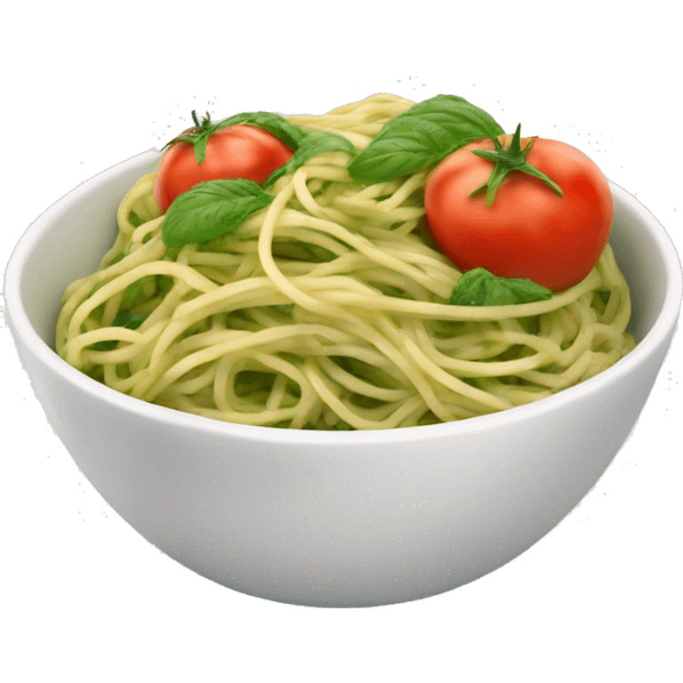 A big bowl with spaghetti with green pesto with mozarella and tomatos emoji