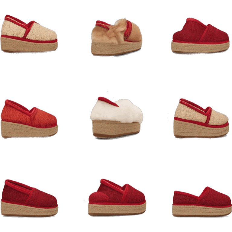 Camel slip-on slippers. thin red woven zig-zag trim on the cuff, a red heel pull tab, and a thick platform sole. “UGG” emoji