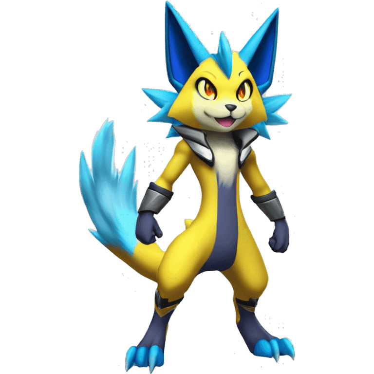 Yellow Shiny Colorful Anthro Edgy Cool Sonic-Zeraora-Renamon-Pokémon-Fakémon with shiny blue markings Full Body Detailed High Quality  emoji