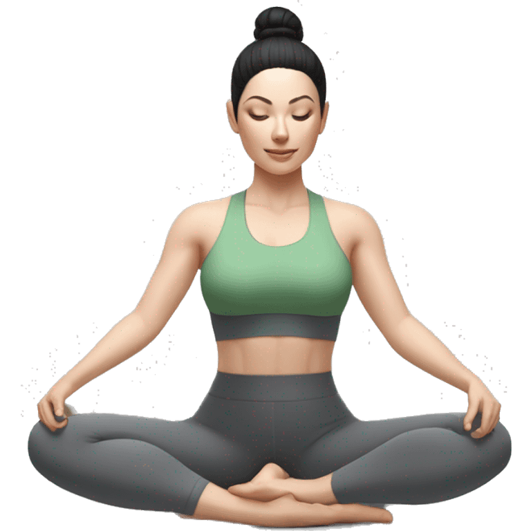 Pale skinned fit woman In a gray tight yoga suit and wristbands With ash black hair in a bun and green eyes doing yoga in a seated position emoji