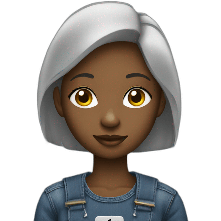 a young african girl who is a programmer using her mac book to code and where a denim top emoji