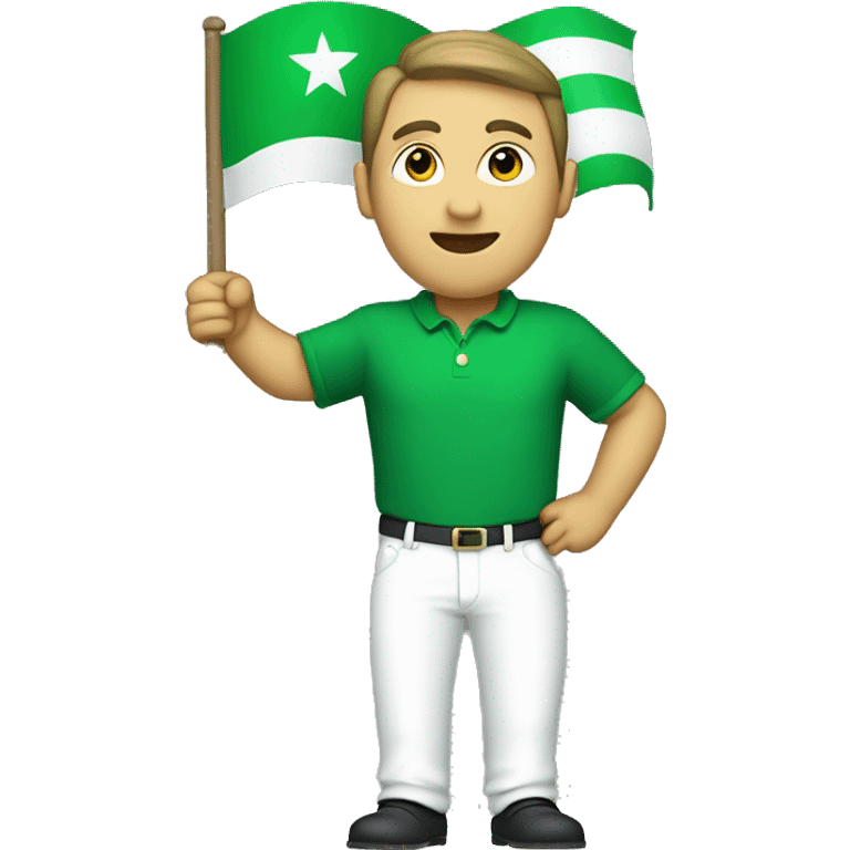 a man with  full body wearing a green shirt, white pants, holding a green flag with a white cresent moon in it, and a white star in the cresent moon. emoji