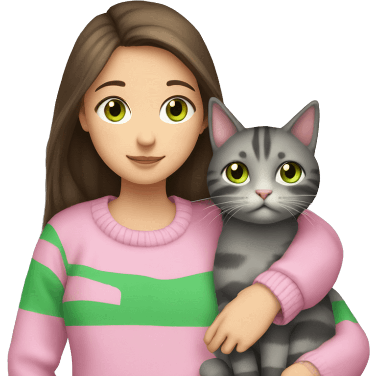 Brunette girl with long hair and green eyes in a pink sweater hugs a gray striped cat. The cat has brown eyes emoji