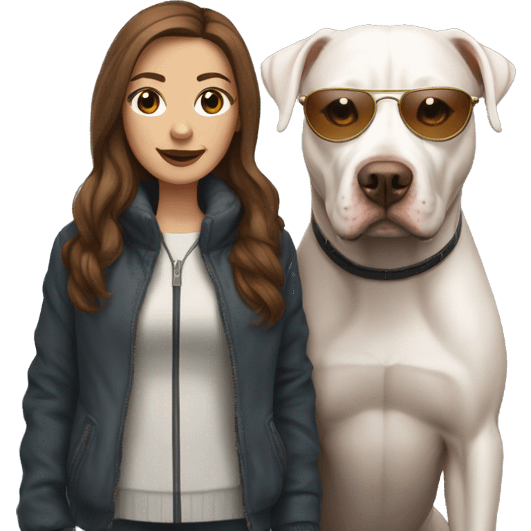 white woman with long brown hair in a furry jacket standing alongside a white pitbull with a brown eye patch  emoji