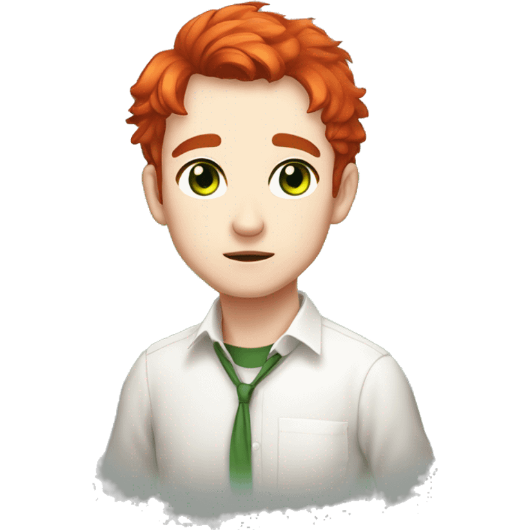 masterpiece, anime style, chibi, illustrated logo, medium short shot, emote for twitch of a 30 year old man, oval face, red hair, green eyes, white skin, white shirt, short hair
 emoji