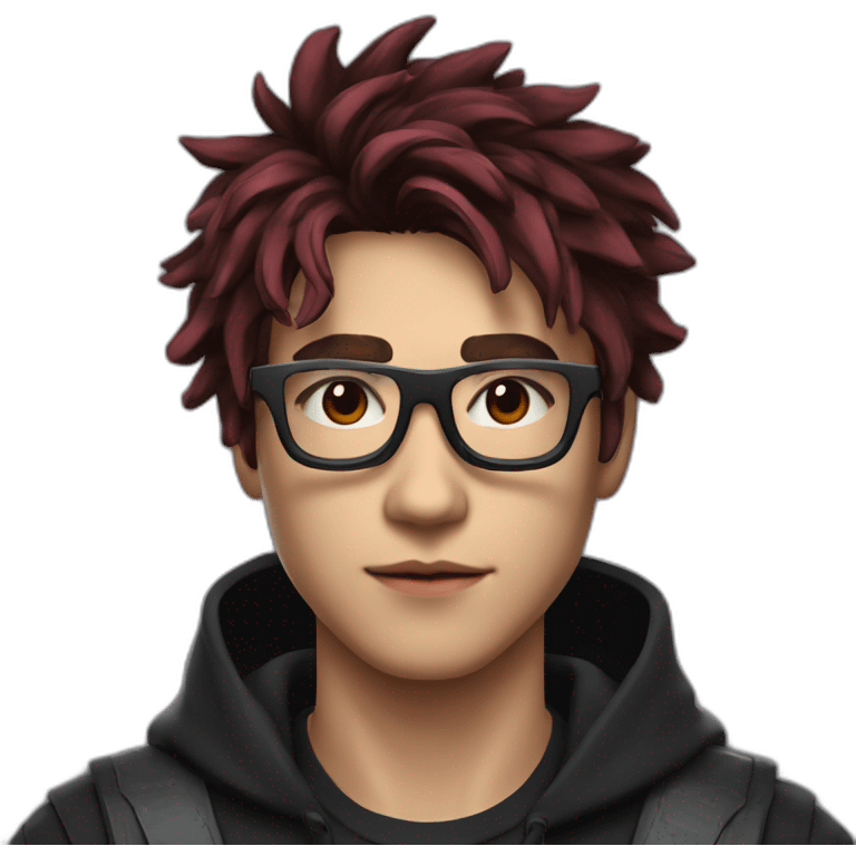 A 19 year old guy, with messy hair with fading on the side, wearing futuristic spatial computing glasses, in a black outfit with dark red accents emoji