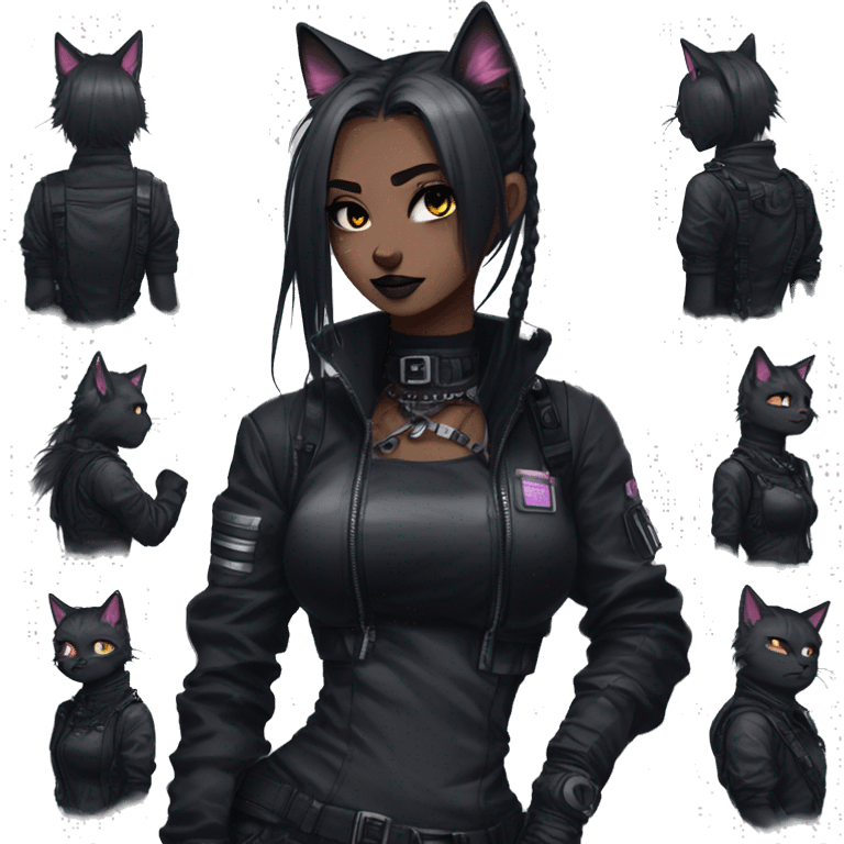 Gorgeous cyberpunk ponytail dark techwear anime style anthro black cat furry with blushing face aesthetic and pretty edgy black with collar and harness trending style emoji