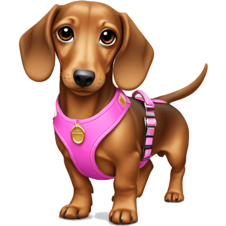 Gold miniature dachshund with pink harness emoji