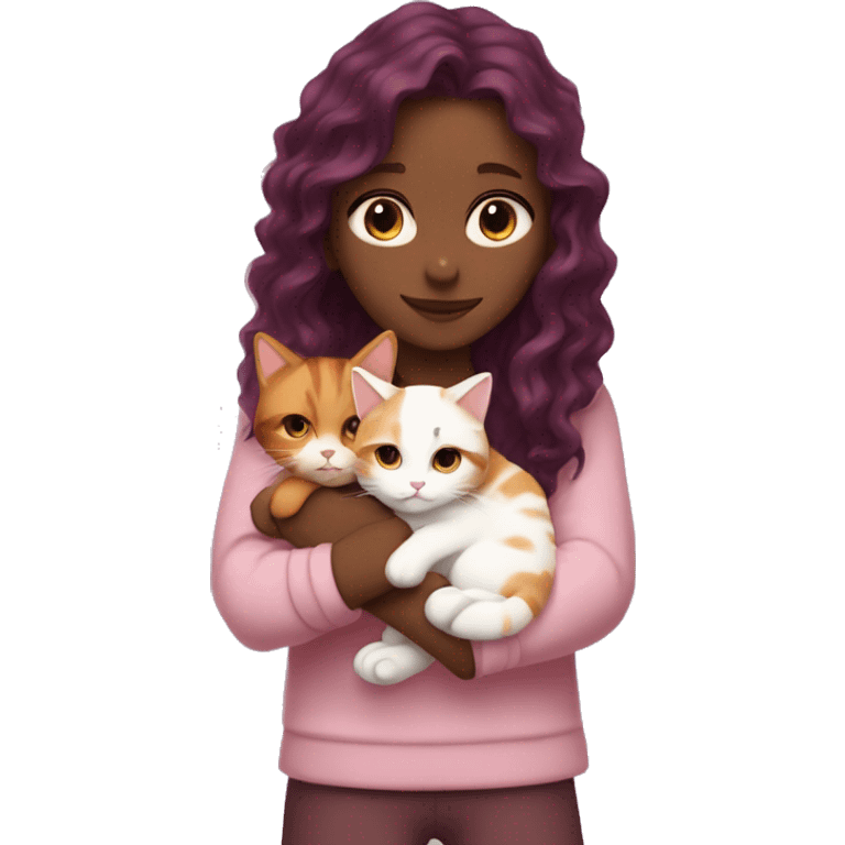 girl with long very dark red purpley wavy hair and dark brown eyes and light pink outfit hugging a white & ginger cat  emoji