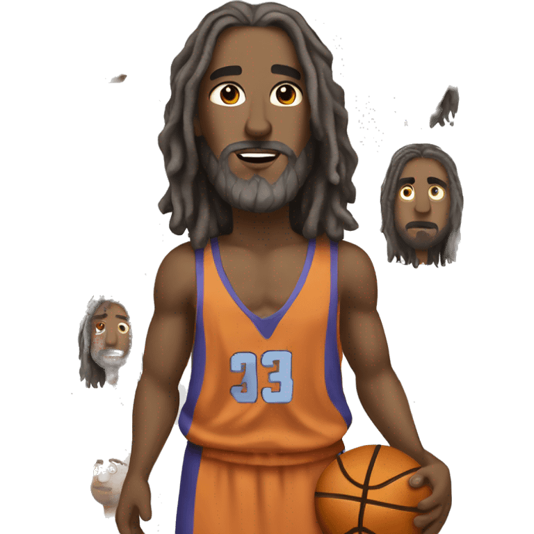 Jesus playing basketball with gray dreadlock hair and dark brown eyes emoji