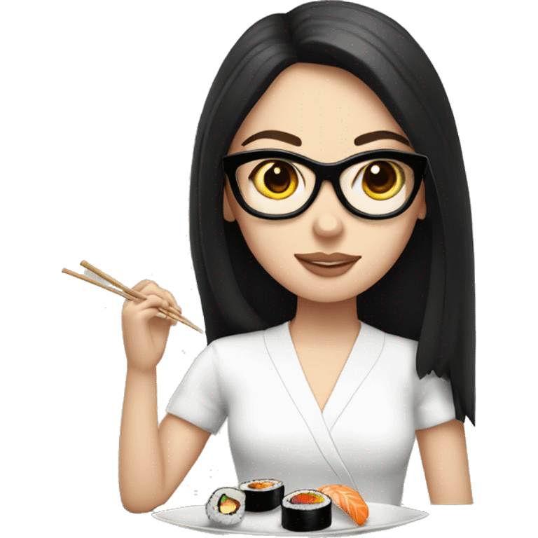 White girl with black round glasses, shoulder length straight hair and a white shirt on eating sushi emoji