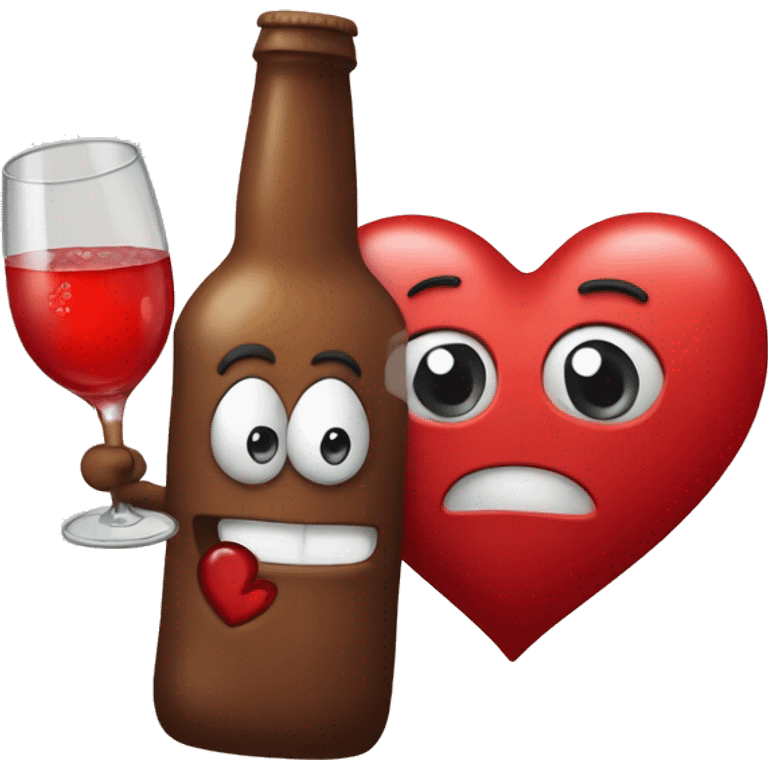 A red heart ❤️ with eyes, a mouth, and hands, tipsy and drunk, holding a bottle, looking wobbly and playful emoji