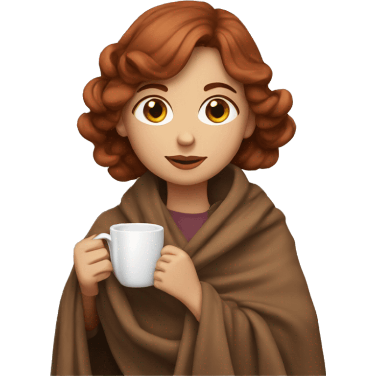 girl with reddish brown hair and brown eyes with blanket wrapped about shoulders and sipping tea emoji