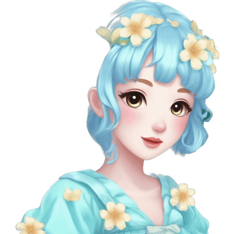 Gorgeous Shiny Pastel Blue Anime-Style Lady Butterflies flower petals leaves cottagecore fairycore pastelcore kawaii aesthetic trending style emoji