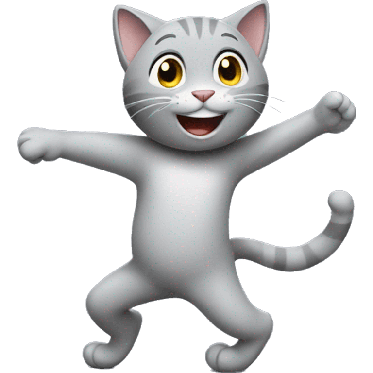 Grey cat doing a dance and smiling emoji