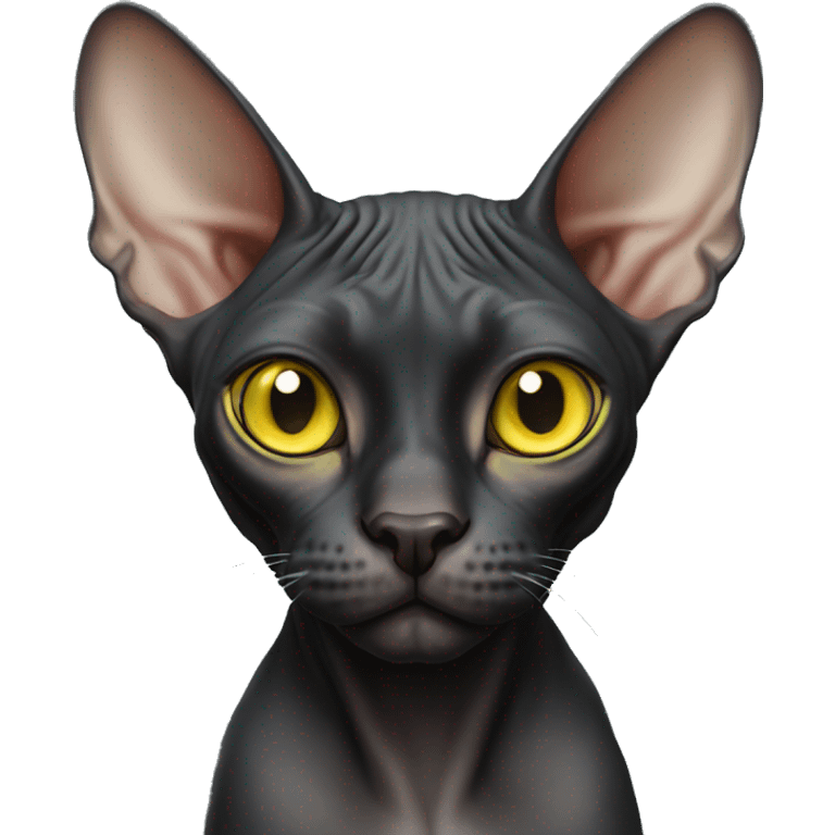 Black sphynx cat with yellow greenish eyes emoji