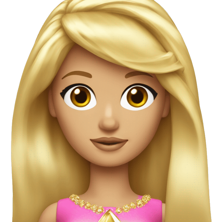 Blonde Barbie with full bangs and long hair and hazel eyes wearing a gold crown emoji