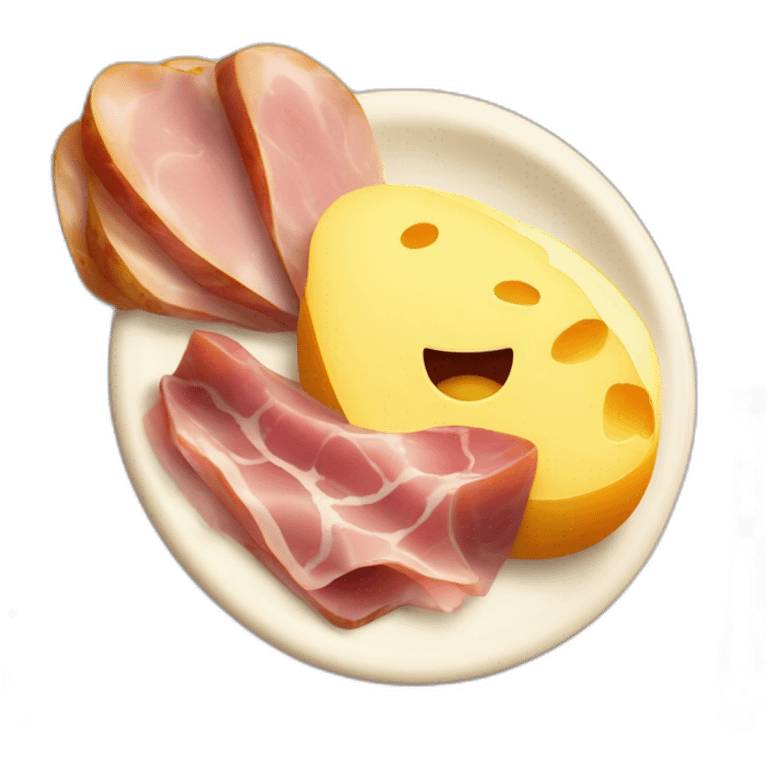 Potatoes and A big Melting raclette cheese in a plate with a little piece of ham  emoji