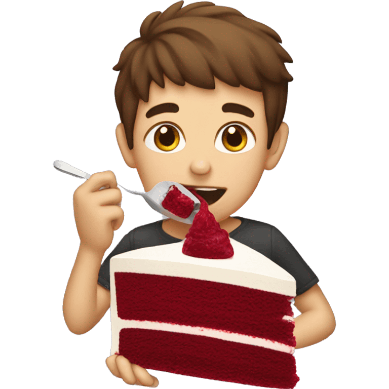 Boy eating a red velvet cake  emoji