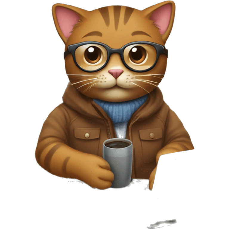 Create an emoji of a happy brown cat with computer glasses, typing on a computer and taking notes. The cat is sitting on an ergonomic chair, with a coffee mug, a potted plant, and wearing a winter jacket because the office AC is cold. emoji