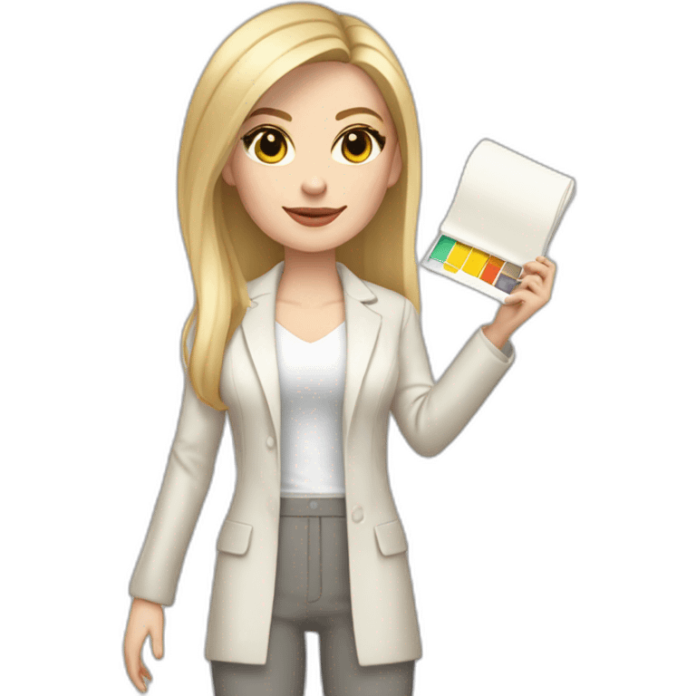 Full height pale skin woman with blonde Straightened Hair to shoulders, White classical jacket, Gray Palazzo pants holding a color palette in the hands emoji