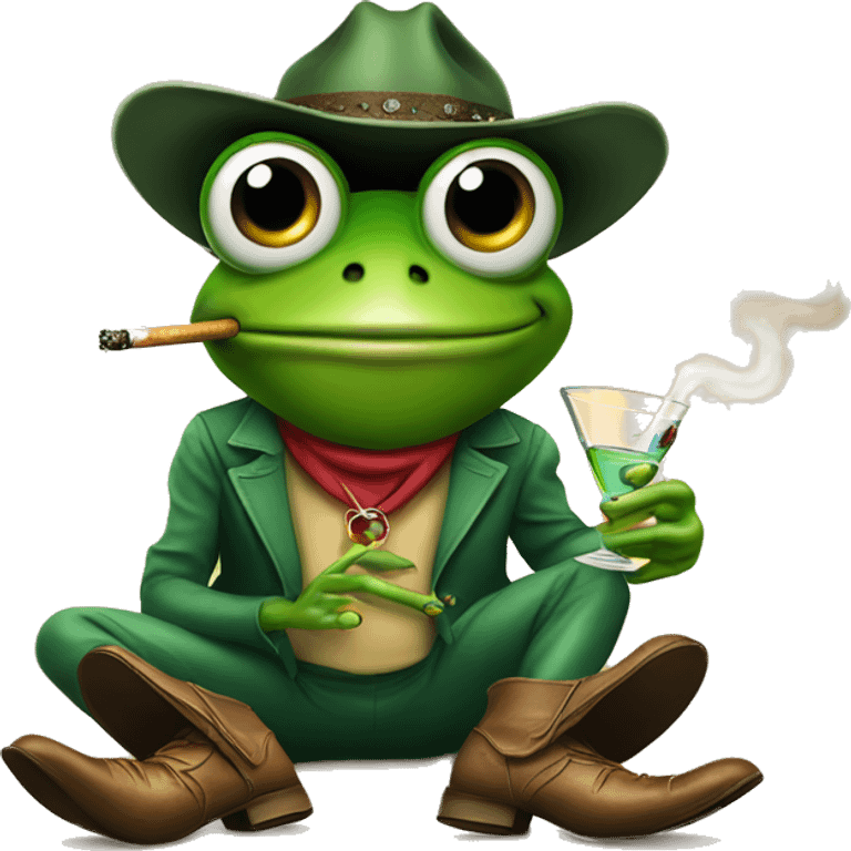 Frog smoking a cigarette while holding a martini glass in cowboy boots  emoji