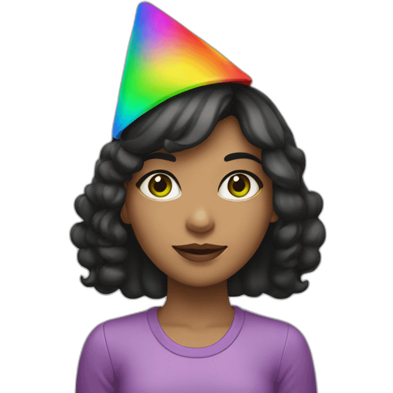 girl with dark hair and green eyes in rainbow party hat  emoji