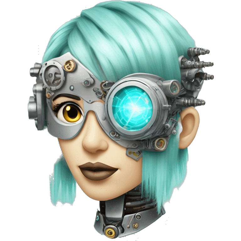 Pastel aqua hair female cyborg head with silver steampunk goggles, goatee and circuits emoji