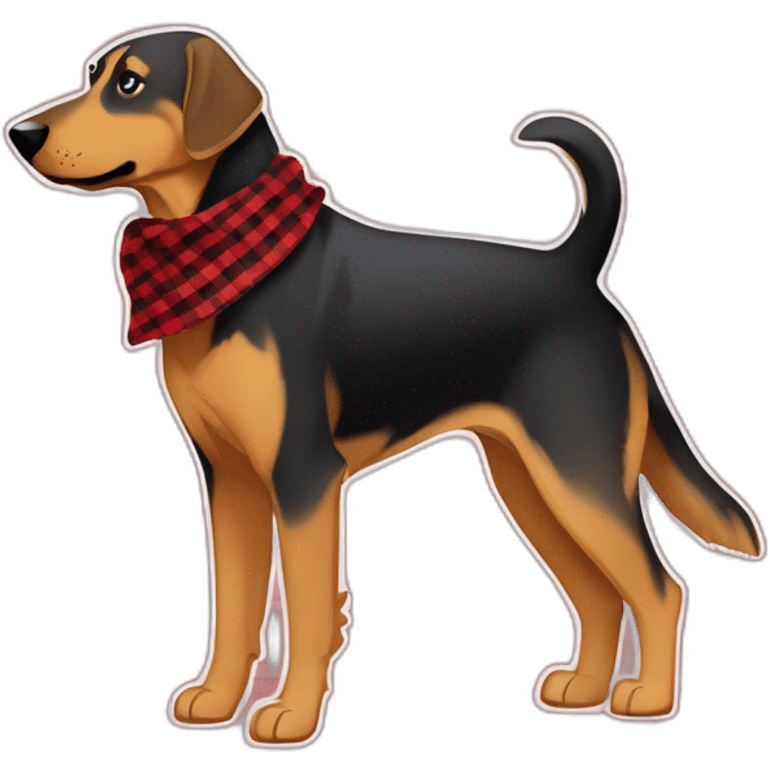 adult 75% Coonhound 25% German Shepherd mix dog with visible tail wearing small pointed red buffalo plaid bandana full body walking left quickly emoji