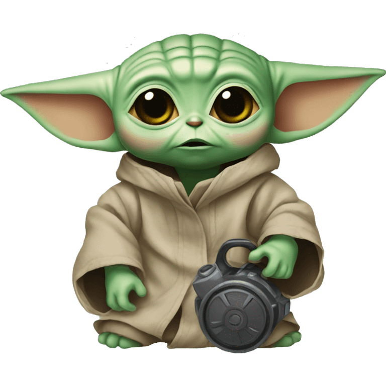 Baby Yoda with a scared face holding a gear emoji