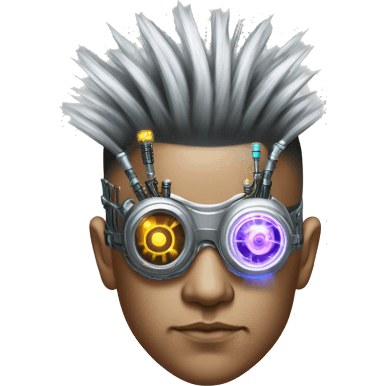 Mohawk hair Asian male cyborg head with neon silver steampunk goggles and circuits emoji