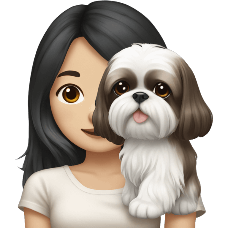 long black hair korean girl with white and brown colored shih tzu emoji