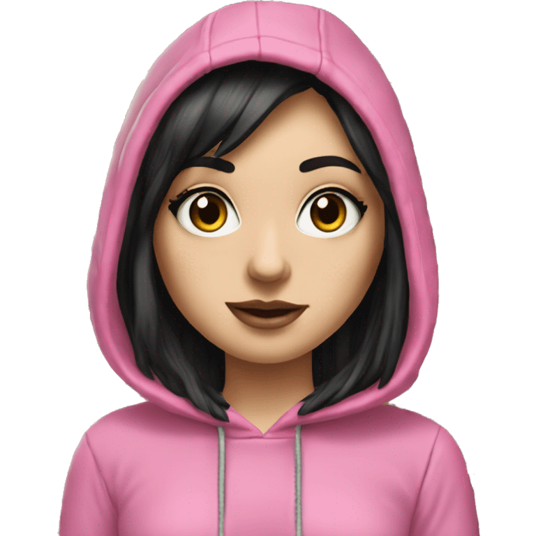 Hyperrealistic white girl with long black hair with a pink fringe and has eye makeup on, she is wearing a black and leopard print hoodie  emoji