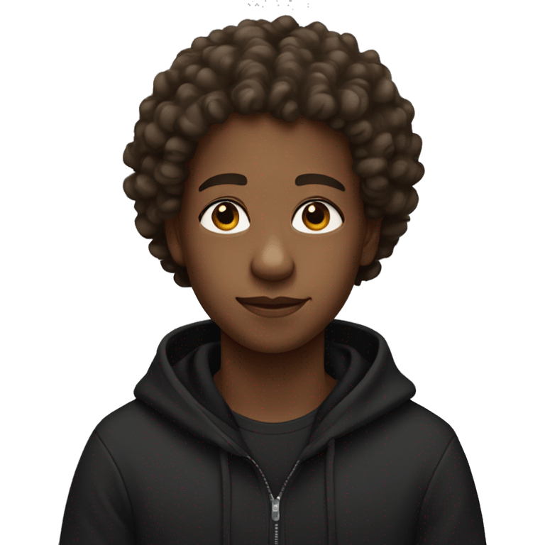 Brown skin person with curly hair and black hoodie  emoji