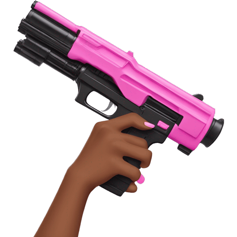 brown hand with pink nails holding large scary dark nerf gun emoji