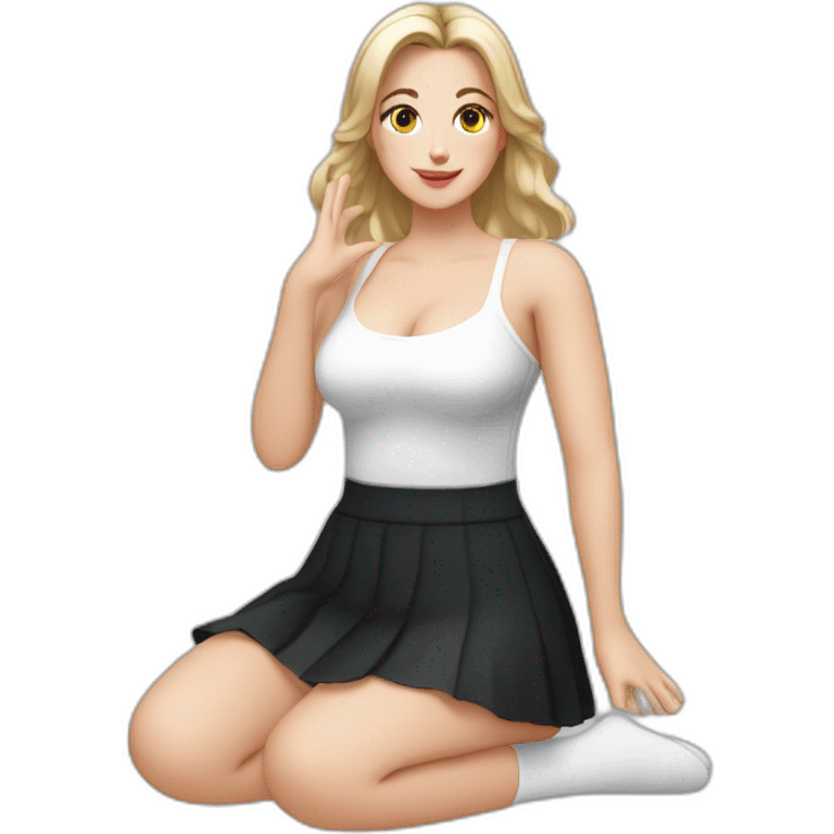 Front view full body curvy caucasian beauty sitting straight hands up black skirt white knickers white socks emoji